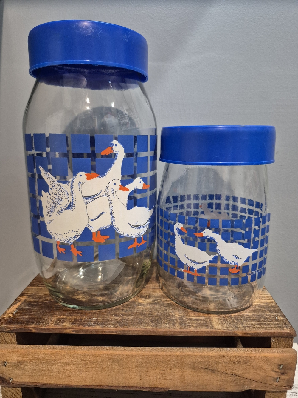 Vintage 1980s Carlton Glass Country Geese Canister Set Blue Lids 2L 1L